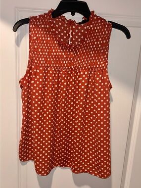 Ann Taylor Rust Polka Dot Smocked Neck Sleeveless Blouse